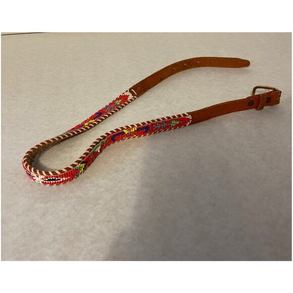 Vintage Brown Leather Beaded Native American Belt SZ 30 Gold 1.5 in Buckle - Picture 2 of 6